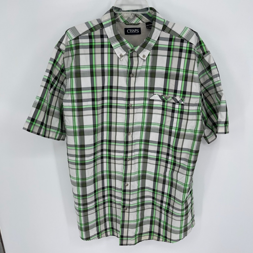Chaps Mens Green Plaid Short Sleeve Button Down Shirt XXL